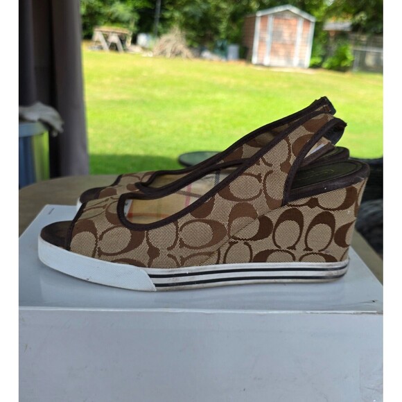 Coach Signature Open Toe Heels Sling Wedge Sydney Sandals Brown Pre-Owned 10M - Picture 1 of 5